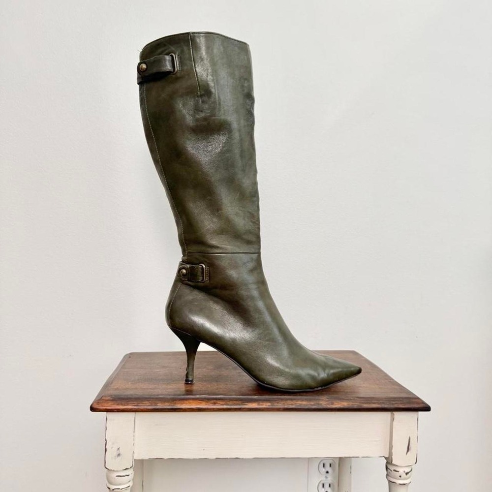 90s Y2K dark green leather pointed boot Size 10 AS IS Nine West moto knee high